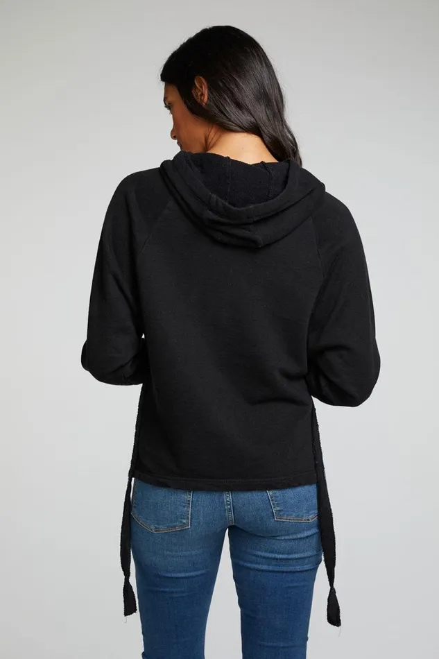 Womens Chaser Brand Tops Linen French Terry Long Sleeve Side Tie Batwing Pullover Hoodie