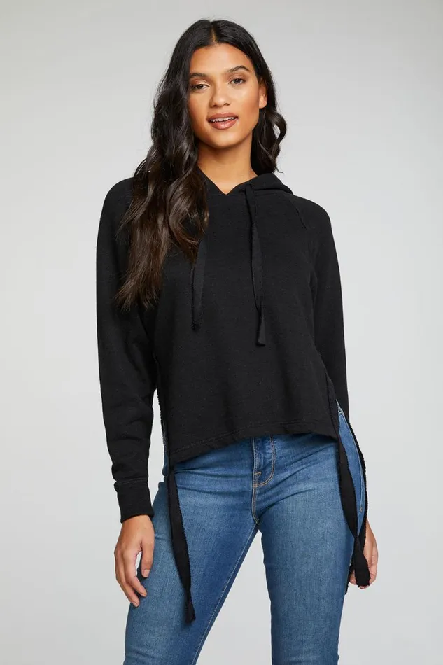 Womens Chaser Brand Tops Linen French Terry Long Sleeve Side Tie Batwing Pullover Hoodie