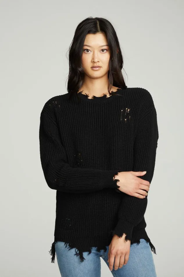 Womens Chaser Brand Tops Long Sleeve Crew Neck Deconstructed Sweater Pullover