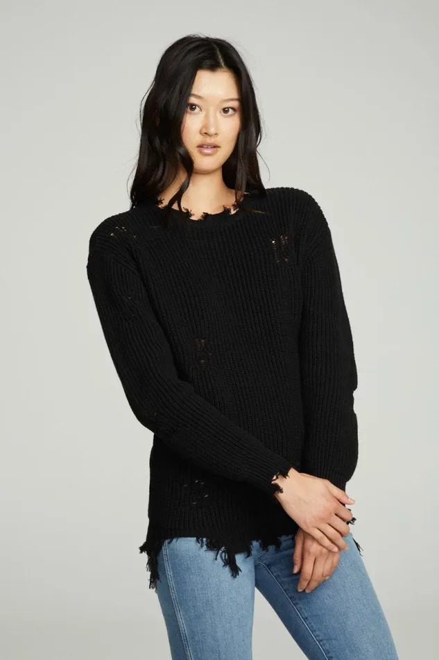 Womens Chaser Brand Tops Long Sleeve Crew Neck Deconstructed Sweater Pullover