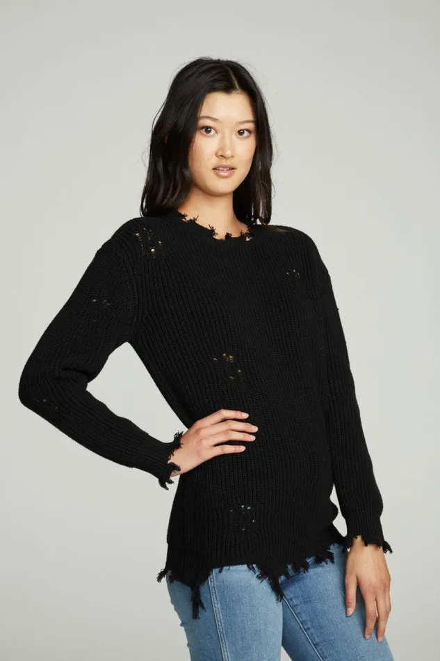 Womens Chaser Brand Tops Long Sleeve Crew Neck Deconstructed Sweater Pullover