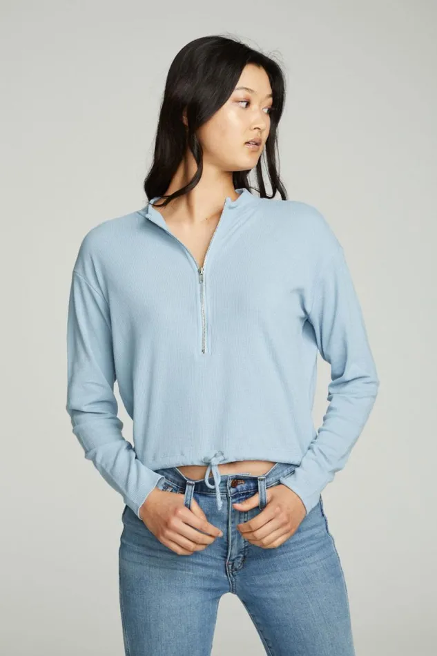 Womens Chaser Brand Tops Long Sleeve Zipper Mock Neck Semi Cropped Tee