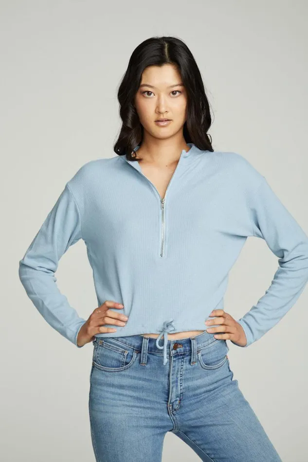 Womens Chaser Brand Tops Long Sleeve Zipper Mock Neck Semi Cropped Tee