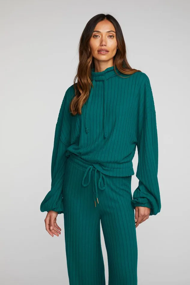 Womens Chaser Brand Tops Poor Boy Rib Knit Cropped Pullover With Elastic Waist and Sleeve