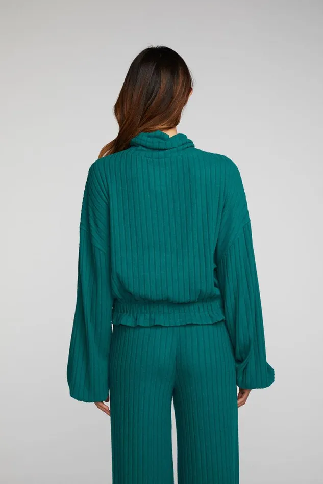Womens Chaser Brand Tops Poor Boy Rib Knit Cropped Pullover With Elastic Waist and Sleeve