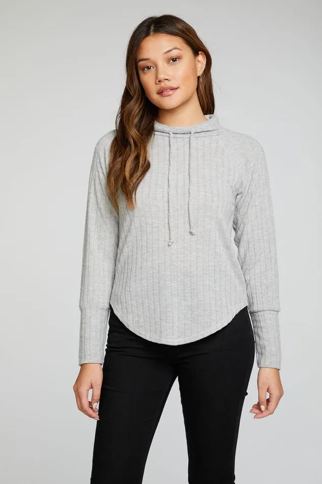 Womens Chaser Brand Tops Poor Boy Rib Long Sleeve Funnel Neck Raglan Shirttail Pullover