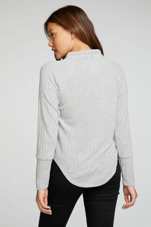 Womens Chaser Brand Tops Poor Boy Rib Long Sleeve Funnel Neck Raglan Shirttail Pullover