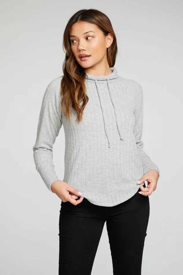 Womens Chaser Brand Tops Poor Boy Rib Long Sleeve Funnel Neck Raglan Shirttail Pullover