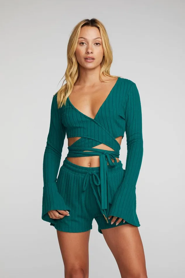 Womens Chaser Brand Tops Poor Boy Rib Long Sleeve Wrap Top