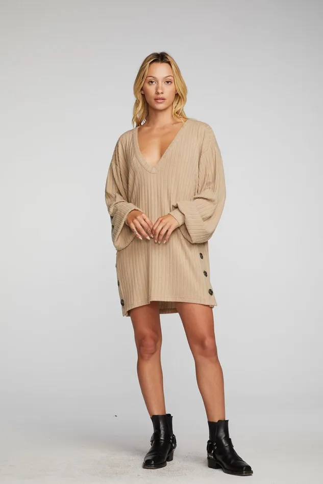 Womens Chaser Brand Tops Poor Boy Rib Vneck Tunic With Button Side Seam