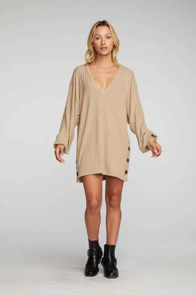 Womens Chaser Brand Tops Poor Boy Rib Vneck Tunic With Button Side Seam