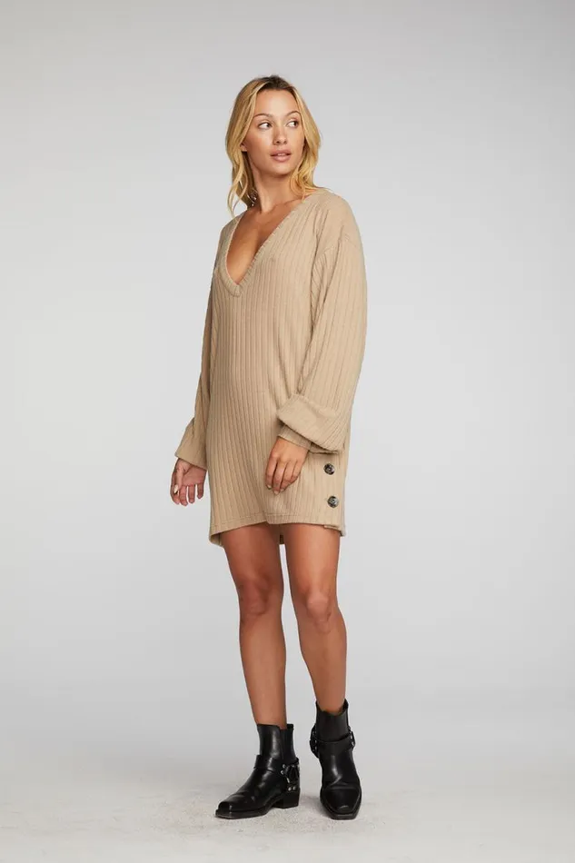 Womens Chaser Brand Tops Poor Boy Rib Vneck Tunic With Button Side Seam