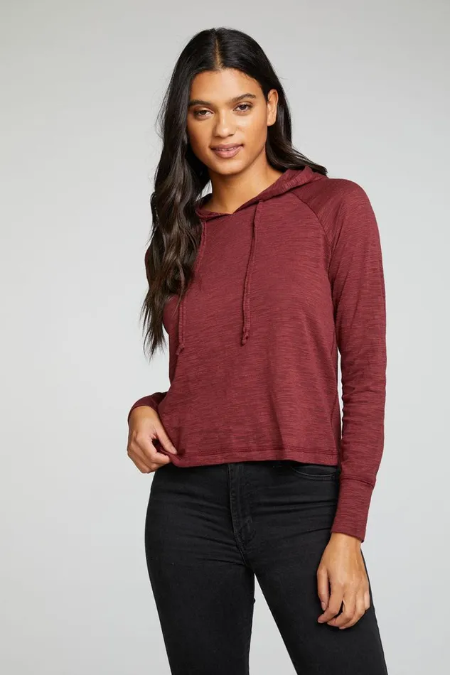 Womens Chaser Brand Tops Slub Jersey Long Sleeve Extended Cuff Raglan Pullover Hoodie