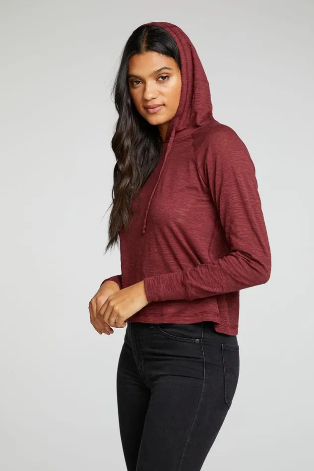 Womens Chaser Brand Tops Slub Jersey Long Sleeve Extended Cuff Raglan Pullover Hoodie
