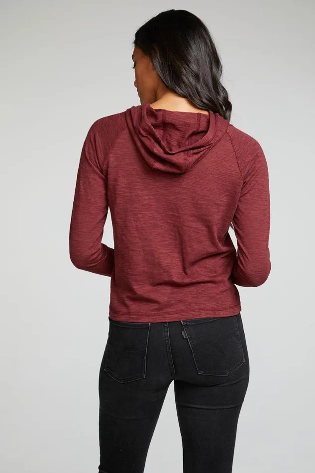 Womens Chaser Brand Tops Slub Jersey Long Sleeve Extended Cuff Raglan Pullover Hoodie