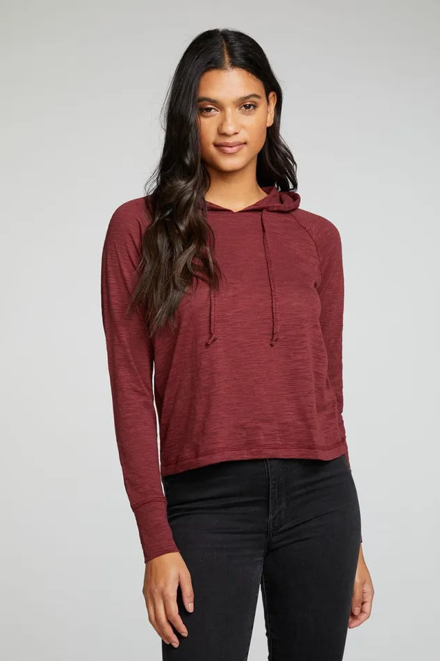 Womens Chaser Brand Tops Slub Jersey Long Sleeve Extended Cuff Raglan Pullover Hoodie