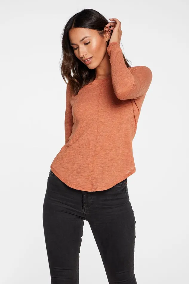 Womens Chaser Brand Tops Slub Jersey Long Sleeve Seamed Tee In Sunkissed Brown