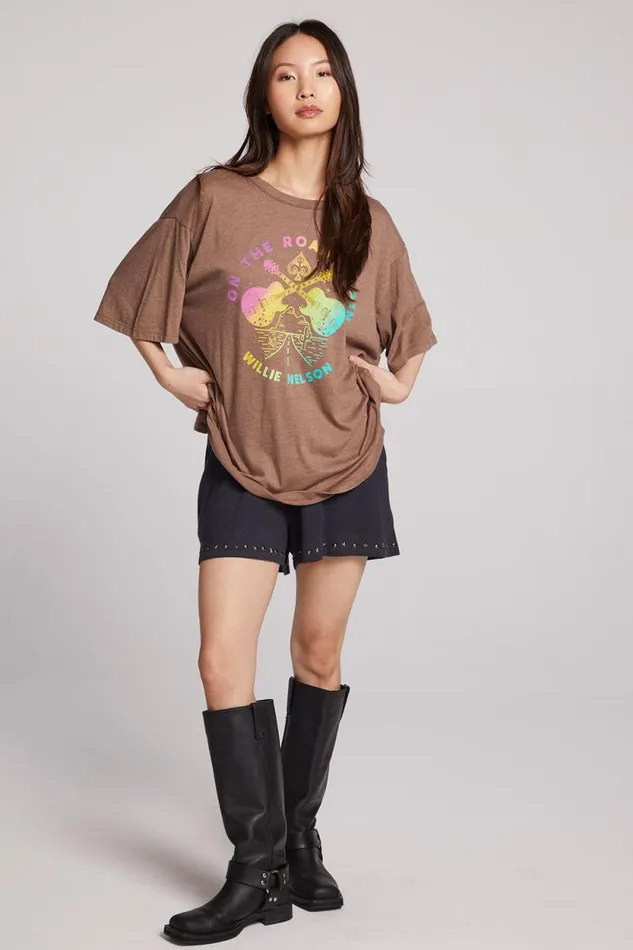 Womens Chaser Brand Tops Willie Nelson On The Road Again One Size Tee