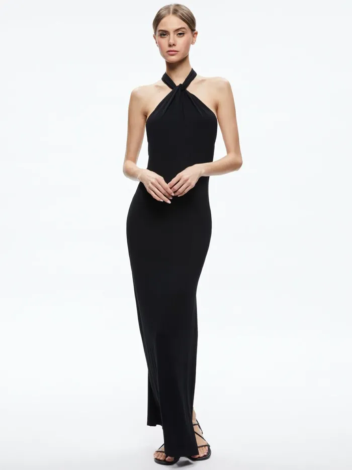Womens Dresses Alice Olivia Amaya Halter Neck High Slit Dress Black