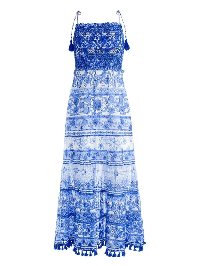 Womens Dresses Alice Olivia Monnie Smocked Tie Strap Tiered Midi Dress Greek Tile