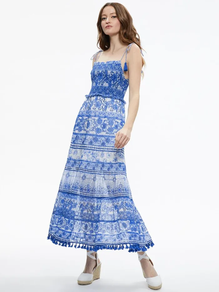 Womens Dresses Alice Olivia Monnie Smocked Tie Strap Tiered Midi Dress Greek Tile