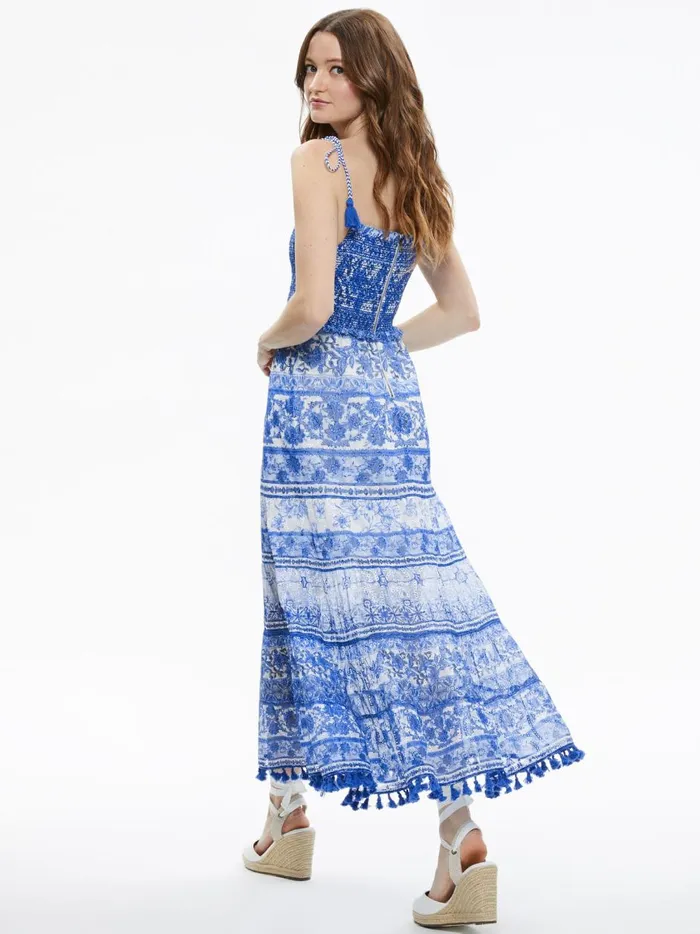 Womens Dresses Alice Olivia Monnie Smocked Tie Strap Tiered Midi Dress Greek Tile