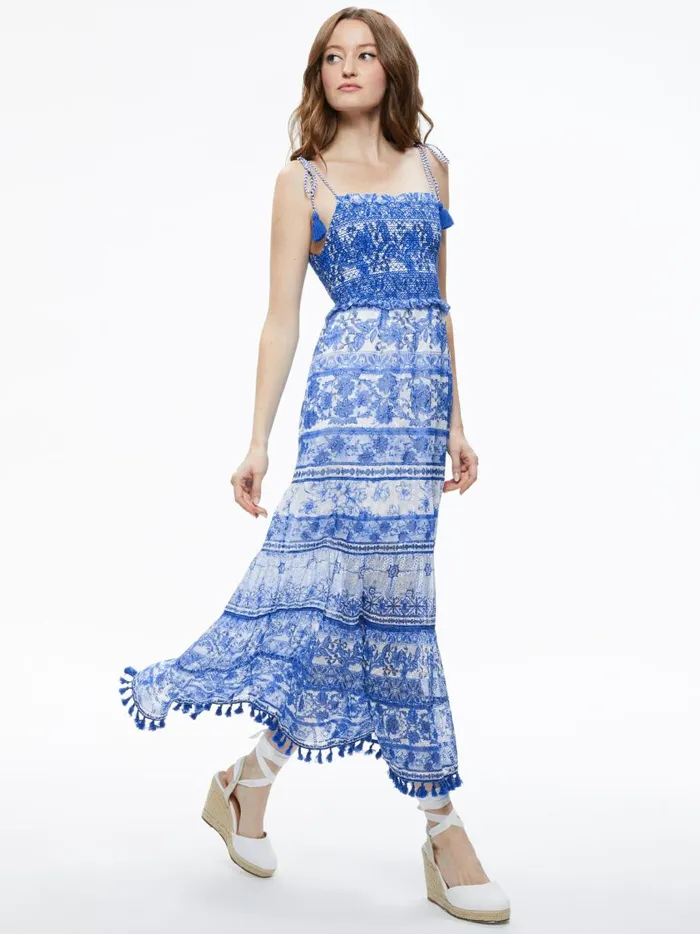Womens Dresses Alice Olivia Monnie Smocked Tie Strap Tiered Midi Dress Greek Tile