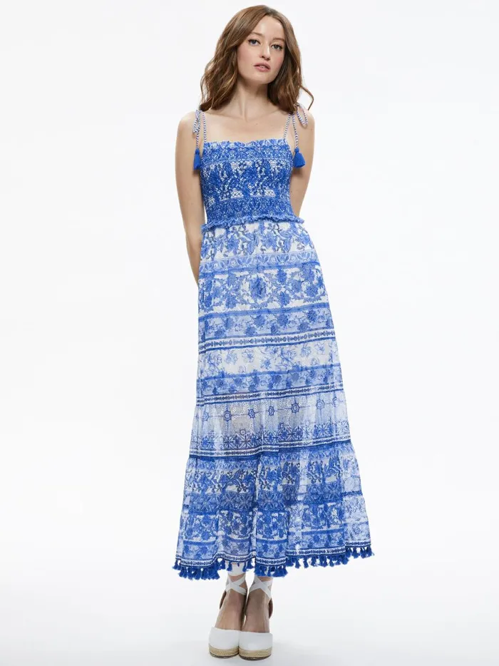 Womens Dresses Alice Olivia Monnie Smocked Tie Strap Tiered Midi Dress Greek Tile