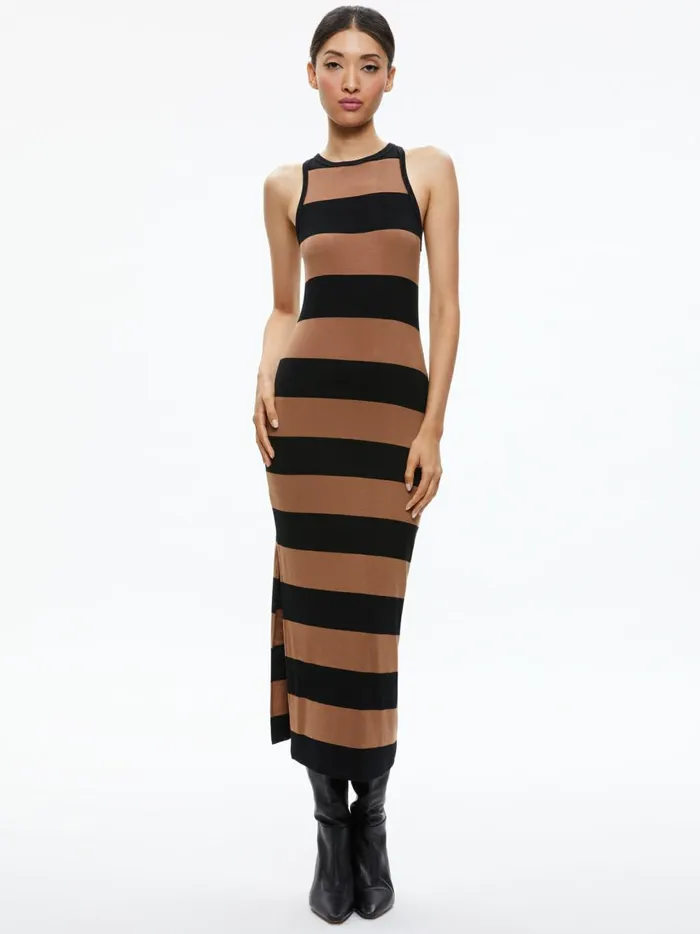 Womens Dresses Alice Olivia Pania Racerback Side Slit Maxi Dress Camelblack Stripe