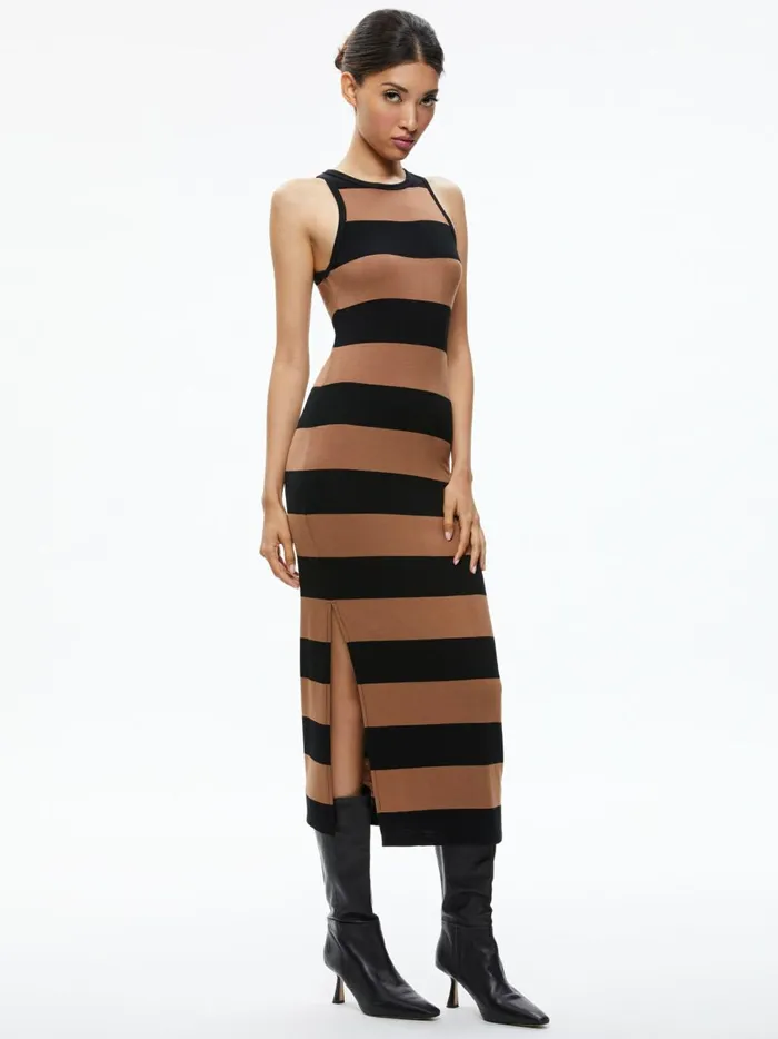 Womens Dresses Alice Olivia Pania Racerback Side Slit Maxi Dress Camelblack Stripe