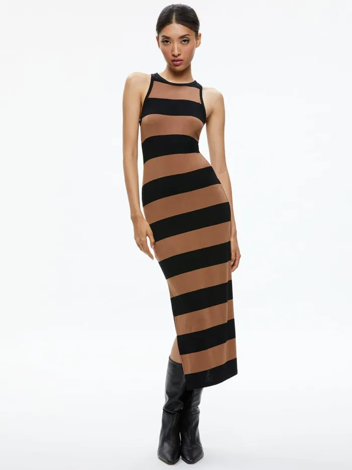 Womens Dresses Alice Olivia Pania Racerback Side Slit Maxi Dress Camelblack Stripe
