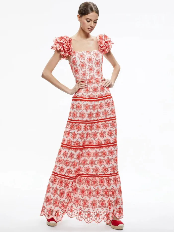Womens Dresses Alice Olivia Tawny Square Neck Ruffle Tiered Maxi Dress Multi