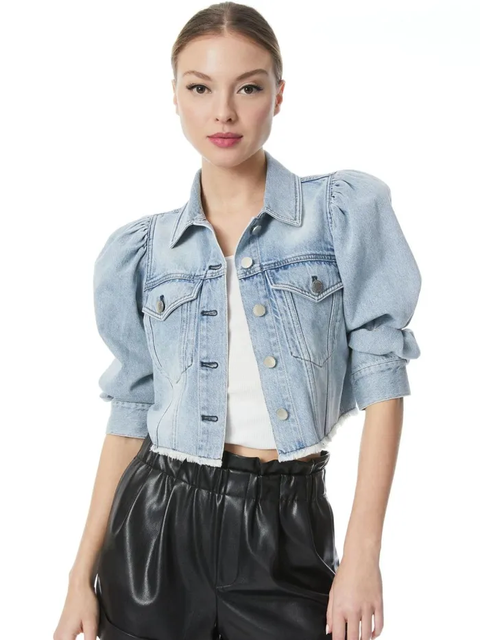 Womens Jackets Coats Alice Olivia Lana Puff Sleeve Denim Jacket With Raw Hem Rockstar Blue