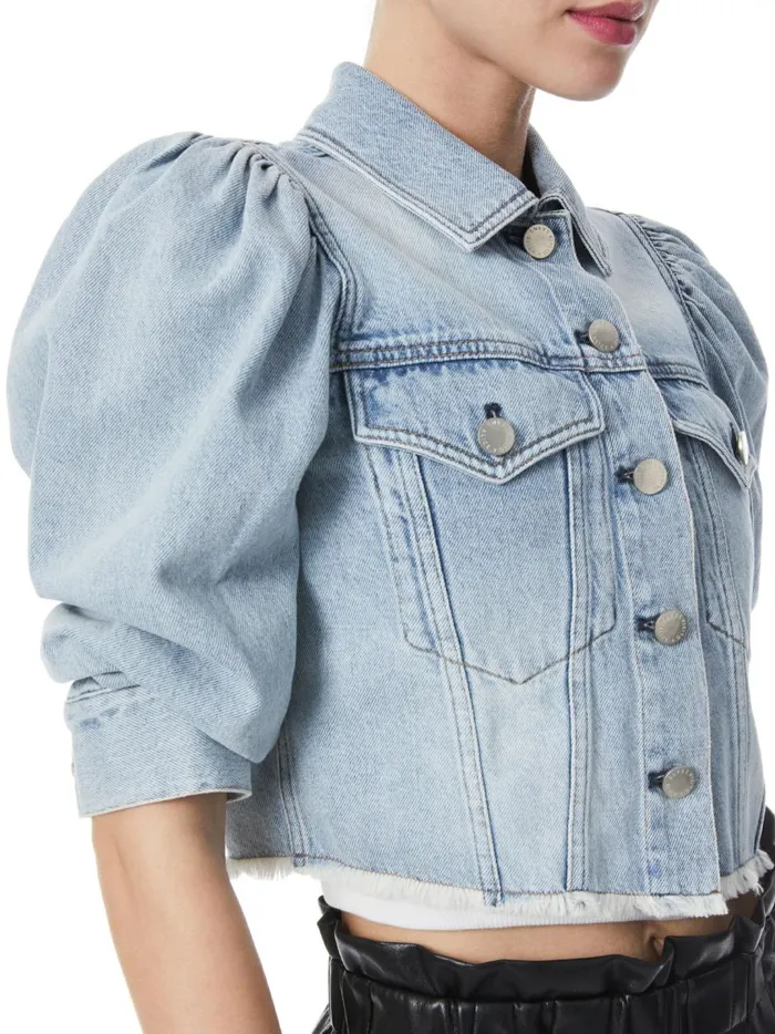 Womens Jackets Coats Alice Olivia Lana Puff Sleeve Denim Jacket With Raw Hem Rockstar Blue