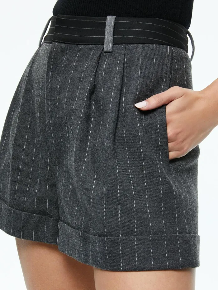 Womens Shorts Alice Olivia Conry Pleated Cuff Short Greycharcoal Pinstripe