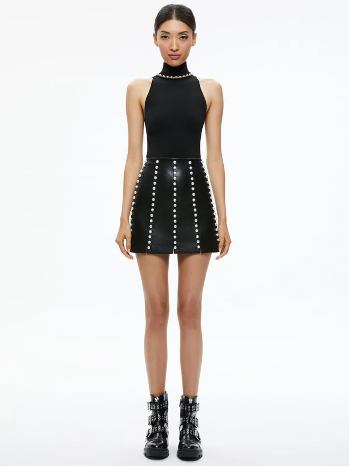 Womens Skirts Alice Olivia Lecia Embellished Vegan Leather Mini Skirt Black