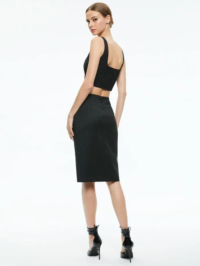 Womens Skirts Alice Olivia Siobhan Front Wrap Midi Skirt Black Pinstripe