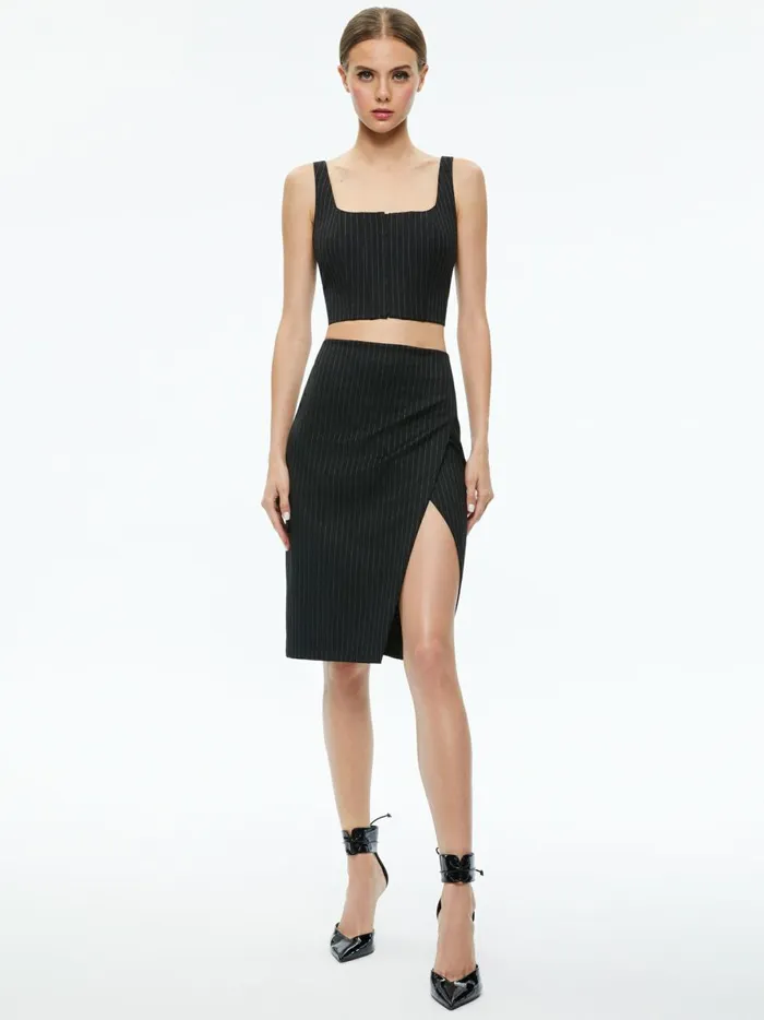 Womens Skirts Alice Olivia Siobhan Front Wrap Midi Skirt Black Pinstripe
