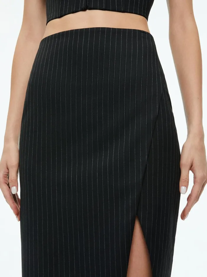Womens Skirts Alice Olivia Siobhan Front Wrap Midi Skirt Black Pinstripe