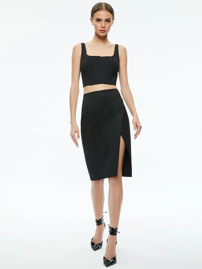 Womens Skirts Alice Olivia Siobhan Front Wrap Midi Skirt Black Pinstripe