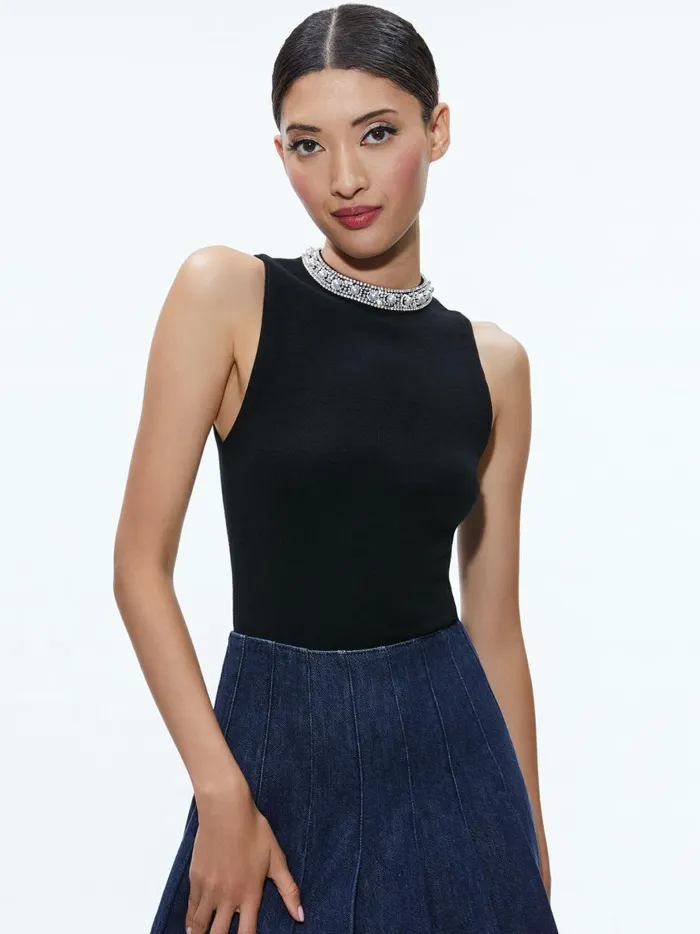 Womens Tops Alice Olivia Amity Embellished Neck Cropped Tank Black