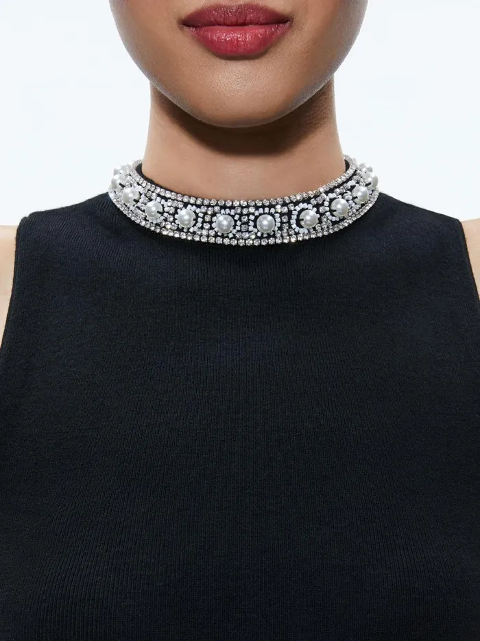 Womens Tops Alice Olivia Amity Embellished Neck Cropped Tank Black