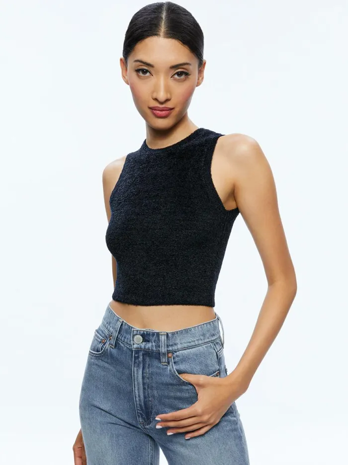 Womens Tops Alice Olivia Amity Sleeveless Cropped Tank Black