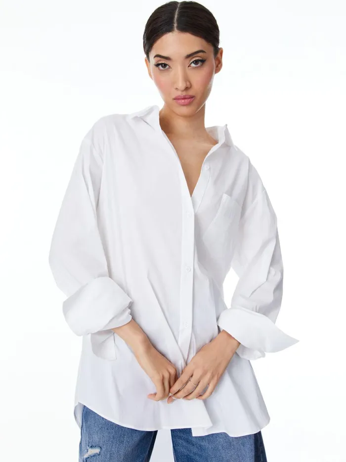 Womens Tops Alice Olivia Finely Oversized Long Button Down Shirt White