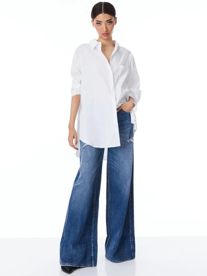 Womens Tops Alice Olivia Finely Oversized Long Button Down Shirt White