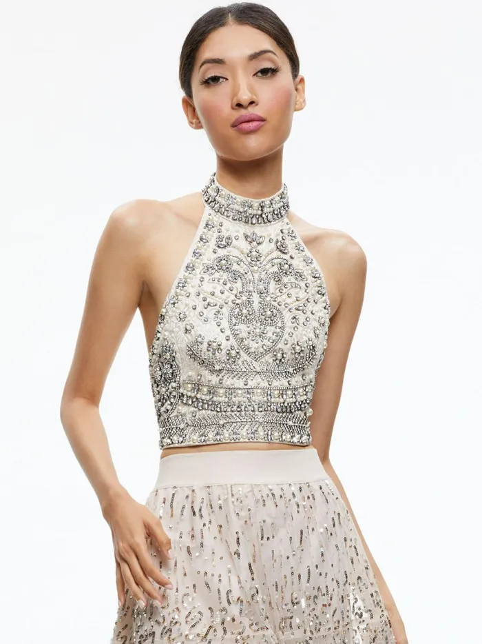 Womens Tops Alice Olivia Gatz Embellished High Neck Top Multi