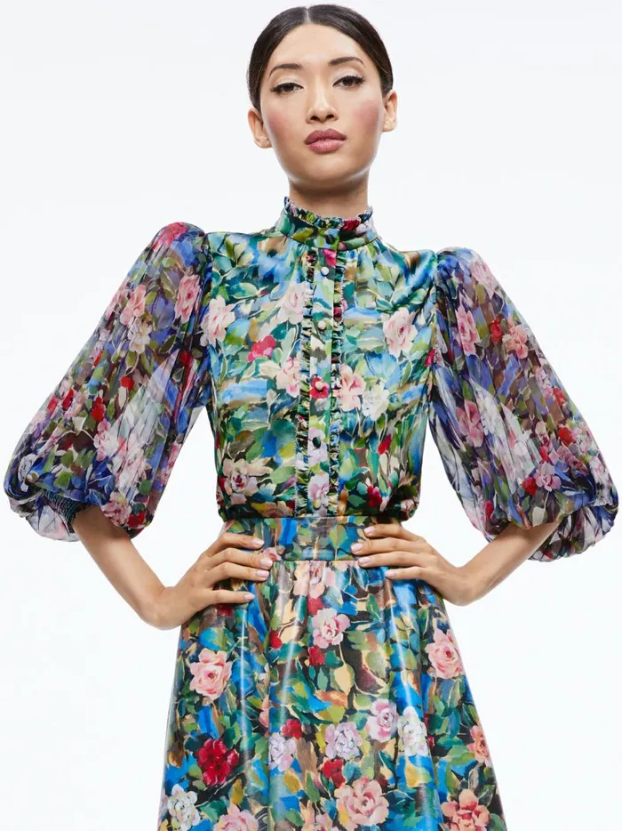 Womens Tops Alice Olivia Ilan Smocked Sleeve Button Front Blouse Breeze Floral Sm