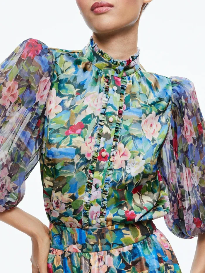 Womens Tops Alice Olivia Ilan Smocked Sleeve Button Front Blouse Breeze Floral Sm
