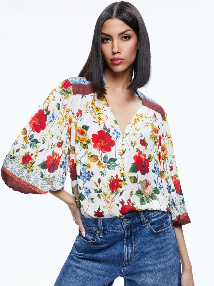 Womens Tops Alice Olivia Serena Button Front Blouson Sleeve Top Dew Floral
