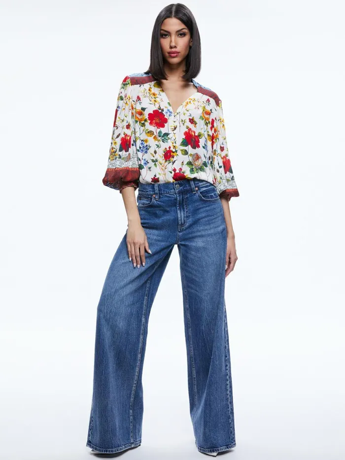 Womens Tops Alice Olivia Serena Button Front Blouson Sleeve Top Dew Floral